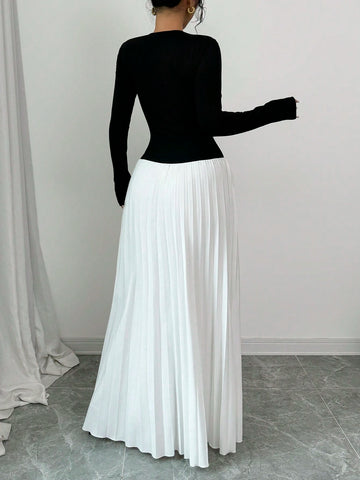 Women Bow Tie Pleated Patchwork Design Dress