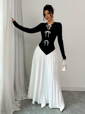 Women Bow Tie Pleated Patchwork Design Dress