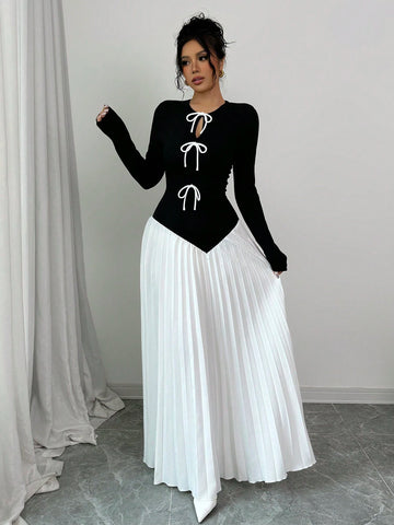 Women Bow Tie Pleated Patchwork Design Dress