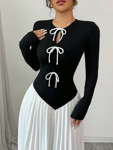 Women Bow Tie Pleated Patchwork Design Dress