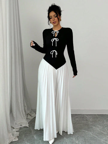 Women Bow Tie Pleated Patchwork Design Dress