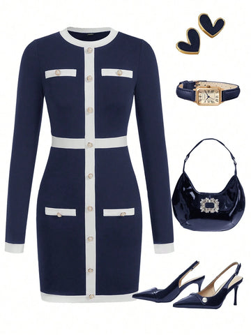 Women Casual Contrast Binding Button Front Long Sleeve Fitted Mini Dress, Autumn