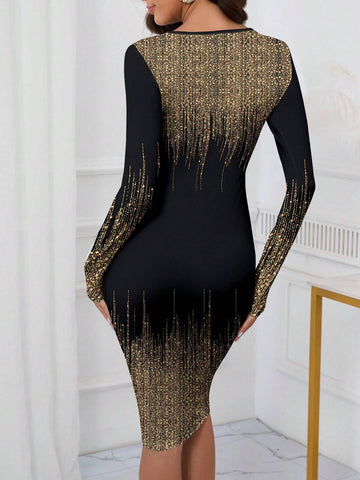 Women Casual Contrast Color Printed Bodycon Dress, Suitable For Spring & Autumn