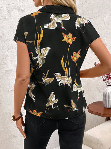 Clasi Women Casual Contrast Color Printed Drop Shoulder Loose Blouse