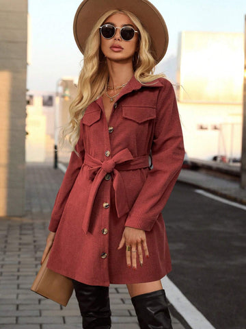 Women Casual Daily Solid Color Flap Detail Belted Mini Dress, Autumn