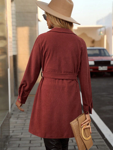 Women Casual Daily Solid Color Flap Detail Belted Mini Dress, Autumn