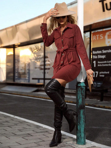 Women Casual Daily Solid Color Flap Detail Belted Mini Dress, Autumn