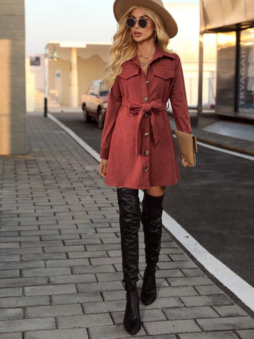 Women Casual Daily Solid Color Flap Detail Belted Mini Dress, Autumn
