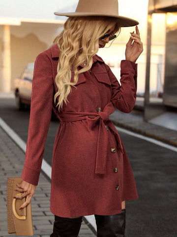 Women Casual Daily Solid Color Flap Detail Belted Mini Dress, Autumn