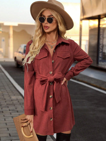 Women Casual Daily Solid Color Flap Detail Belted Mini Dress, Autumn