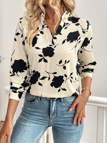 Clasi Women Casual Elegant Commuter Apricot Base Black Floral Print V-Neck Long Sleeve Blouse