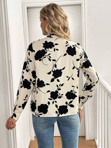 Clasi Women Casual Elegant Commuter Apricot Base Black Floral Print V-Neck Long Sleeve Blouse