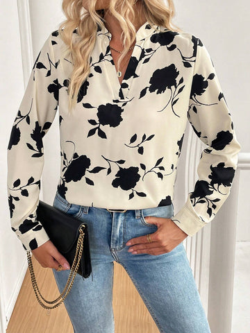 Clasi Women Casual Elegant Commuter Apricot Base Black Floral Print V-Neck Long Sleeve Blouse
