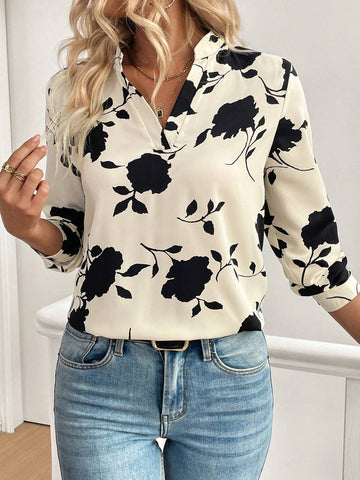 Clasi Women Casual Elegant Commuter Apricot Base Black Floral Print V-Neck Long Sleeve Blouse