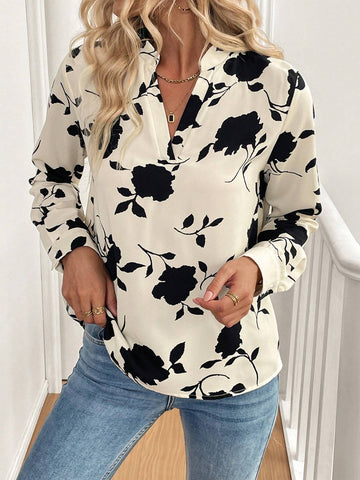 Clasi Women Casual Elegant Commuter Apricot Base Black Floral Print V-Neck Long Sleeve Blouse