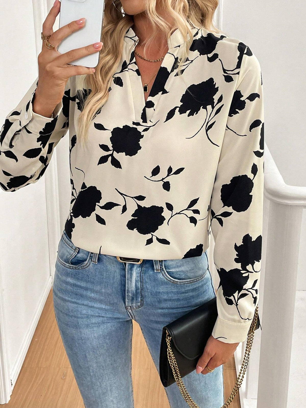 Clasi Women Casual Elegant Commuter Apricot Base Black Floral Print V-Neck Long Sleeve Blouse