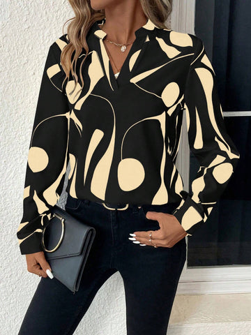 Clasi Women Casual Everyday Full Print Notched Neck Long Sleeve Blouse, Autumn