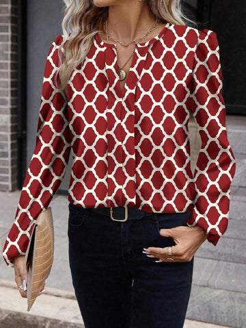 Clasi Women Casual Geometric Pattern Crew Neck Long Sleeve Blouse, Suitable For Spring & Autumn