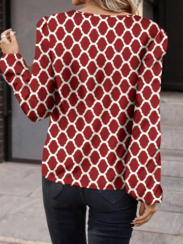 Clasi Women Casual Geometric Pattern Crew Neck Long Sleeve Blouse, Suitable For Spring & Autumn
