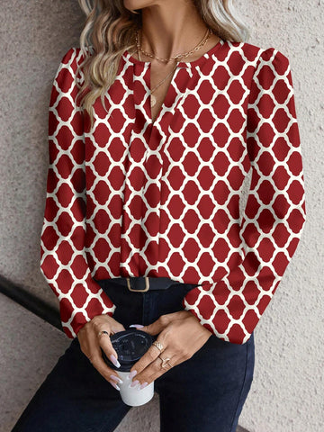 Clasi Women Casual Geometric Pattern Crew Neck Long Sleeve Blouse, Suitable For Spring & Autumn
