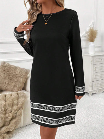 Women Casual Geometric Print Long Sleeve Dress, Autumn