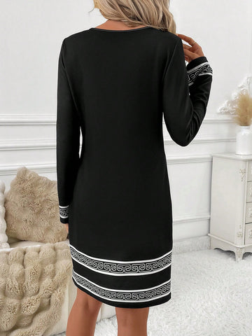 Women Casual Geometric Print Long Sleeve Dress, Autumn