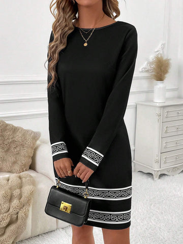 Women Casual Geometric Print Long Sleeve Dress, Autumn