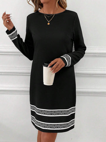 Women Casual Geometric Print Long Sleeve Dress, Autumn
