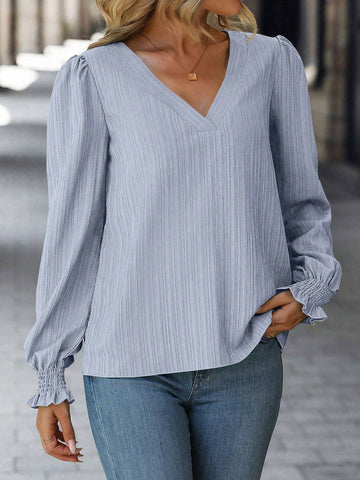 Clasi Women Casual Minimalist Textured V-Neck Blouse For Autumn