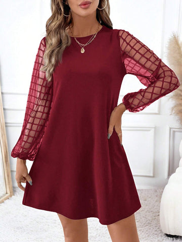 Women Casual Solid Color Mesh Patchwork Short Dress, Autumn