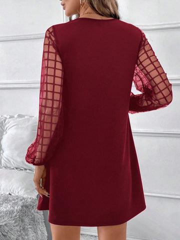 Women Casual Solid Color Mesh Patchwork Short Dress, Autumn