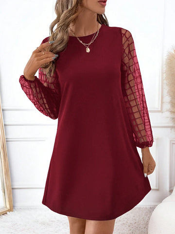 Women Casual Solid Color Mesh Patchwork Short Dress, Autumn