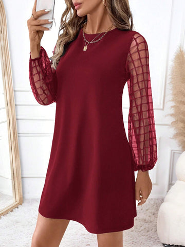 Women Casual Solid Color Mesh Patchwork Short Dress, Autumn