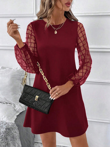 Women Casual Solid Color Mesh Patchwork Short Dress, Autumn