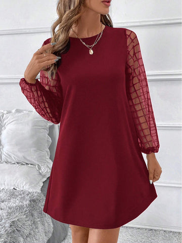 Women Casual Solid Color Mesh Patchwork Short Dress, Autumn