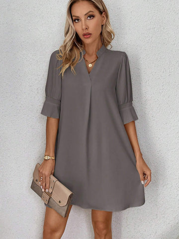 Women Casual Solid Color Notched Neck Puff Sleeve Dress