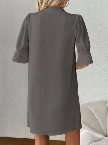 Women Casual Solid Color Notched Neck Puff Sleeve Dress