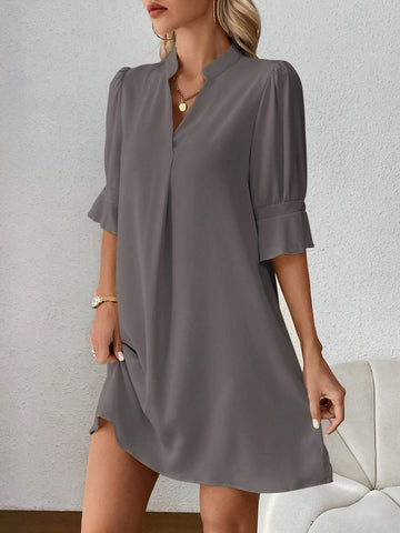 Women Casual Solid Color Notched Neck Puff Sleeve Dress