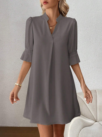 Women Casual Solid Color Notched Neck Puff Sleeve Dress