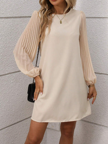 Women Casual Solid Color Pleated Lantern Sleeve Dress, Autumn
