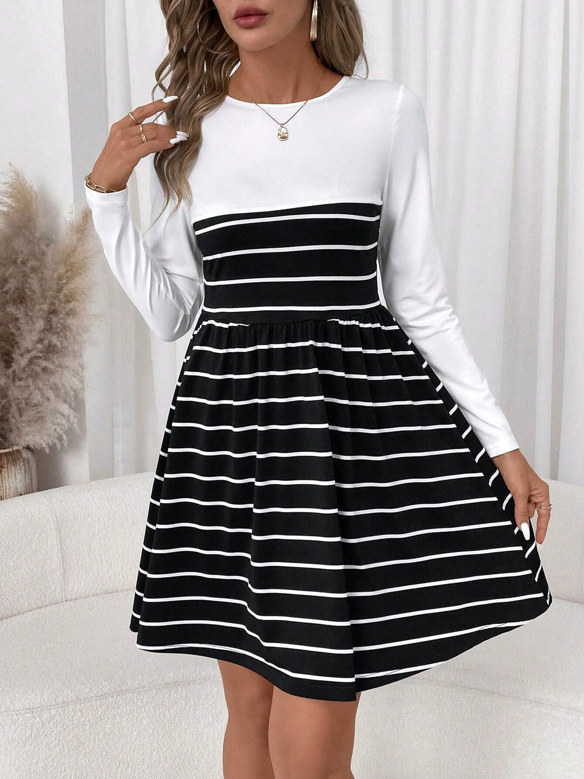 Women Casual Striped Patchwork Dress, Suitable For Everyday Wear In Autumn