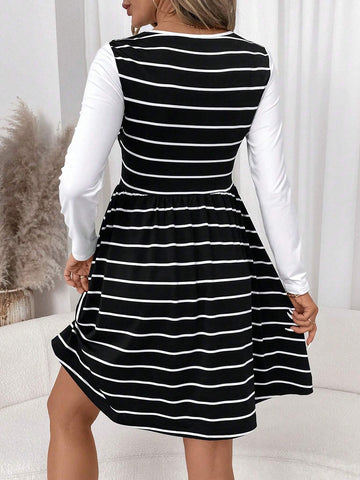 Women Casual Striped Patchwork Dress, Suitable For Everyday Wear In Autumn