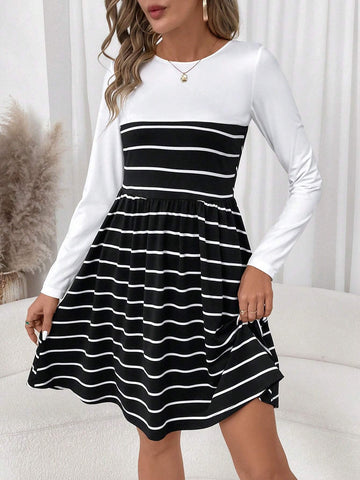 Women Casual Striped Patchwork Dress, Suitable For Everyday Wear In Autumn