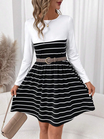 Women Casual Striped Patchwork Dress, Suitable For Everyday Wear In Autumn
