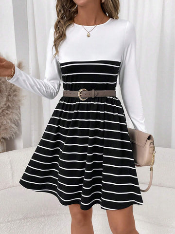 Women Casual Striped Patchwork Dress, Suitable For Everyday Wear In Autumn