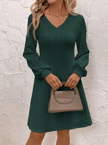 Women Casual Textured V-Neck Dress, Autumn