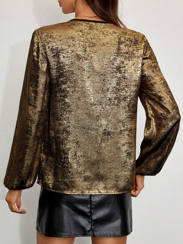 Clasi Women Contrast Color Minimalist Casual Metal Long Sleeve Shirt
