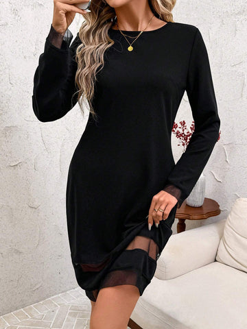 Women Contrast Color Placement Print Long Sleeve Casual Mini Dress