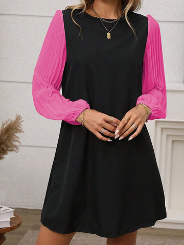 Women Contrast Color Round Neck Lantern Sleeve Straight Loose Dress, Autumn