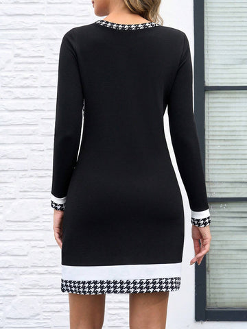 Women Contrast Color Trim Round Neck Front Tie Long Sleeve Midi Dress